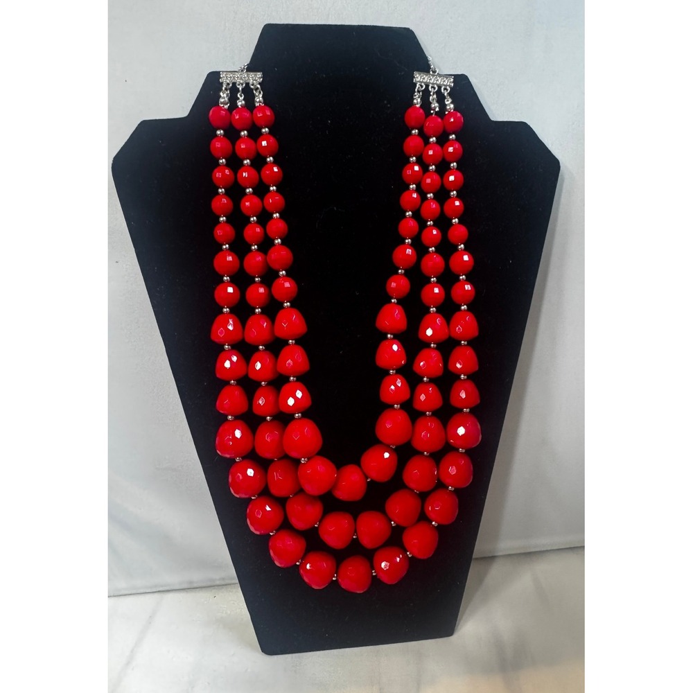 Cato 1946 Red Multi Strand Beaded Statement Necklace Silver Tone‎ Faceted Bold